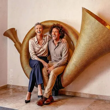 Lachendes Paar sitzt auf einem grossen goldenen Posthorn als Dekoration im Hotel Alte Post.