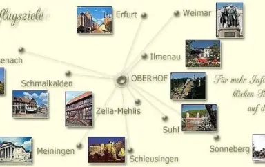 Karte der Ausflugsziele rund um Oberhof für Gäste des Konsum Berghotel Oberhof, mit Städten wie Erfurt und Weimar.