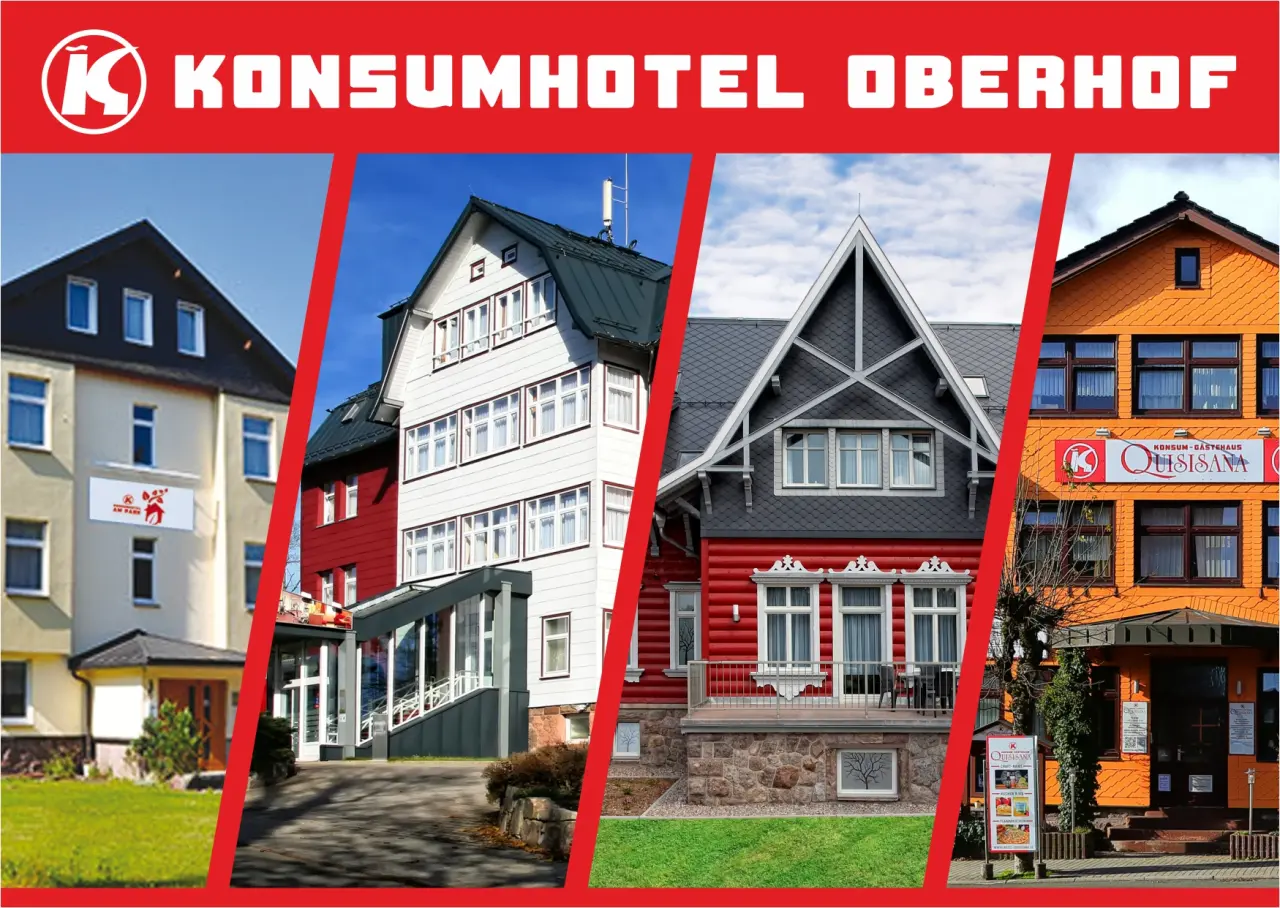 Aussenansichten der verschiedenen Gebäude des Konsum Berghotels Oberhof in einer Collage mit Markenlogo.