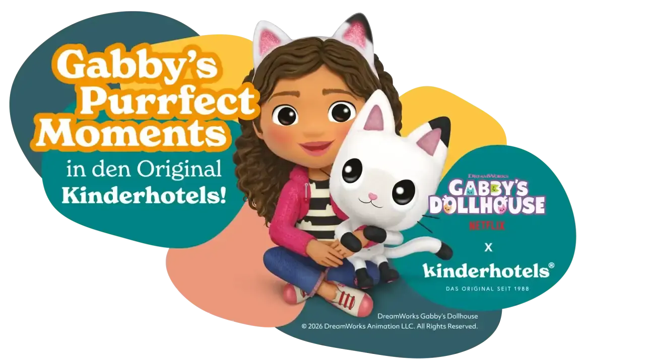 Werbegrafik für Gabby's Dollhouse Kooperation im Almhof Family Resort & SPA. Zeigt Gabby und Pandy Paws.