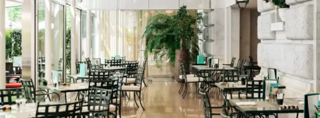 Heller Restaurantbereich im Wintergarten des Hotel Lausanne Palace mit Tischen, Stühlen und Pflanzen.