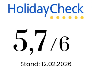 HolidayCheck Bewertung 5,7/6 für Michels Wohlfühlhotel, Stand 12.02.2026.