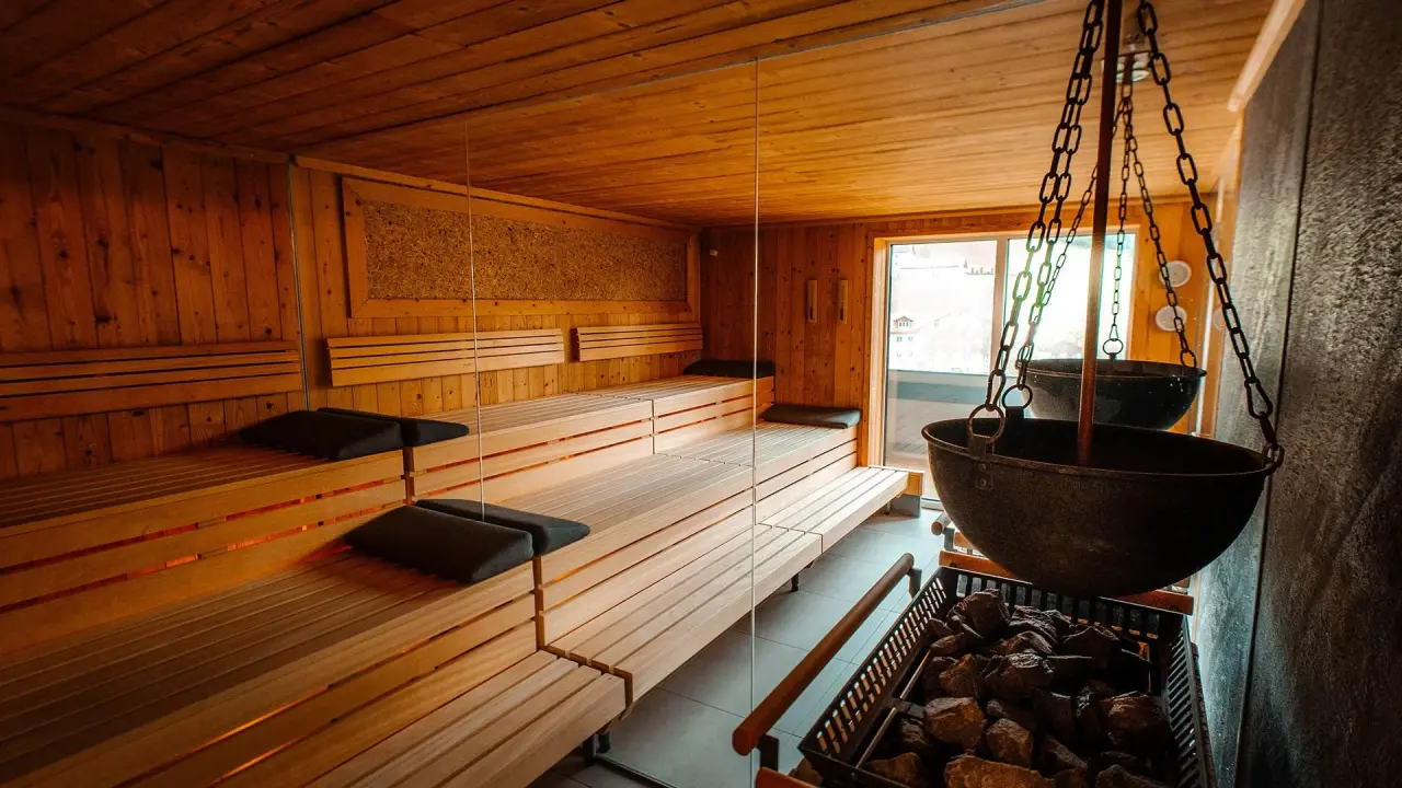 Einladende Holzsauna mit grossen Saunasteinen und Blick nach draussen im Burghotel Am Hohen Bogen.