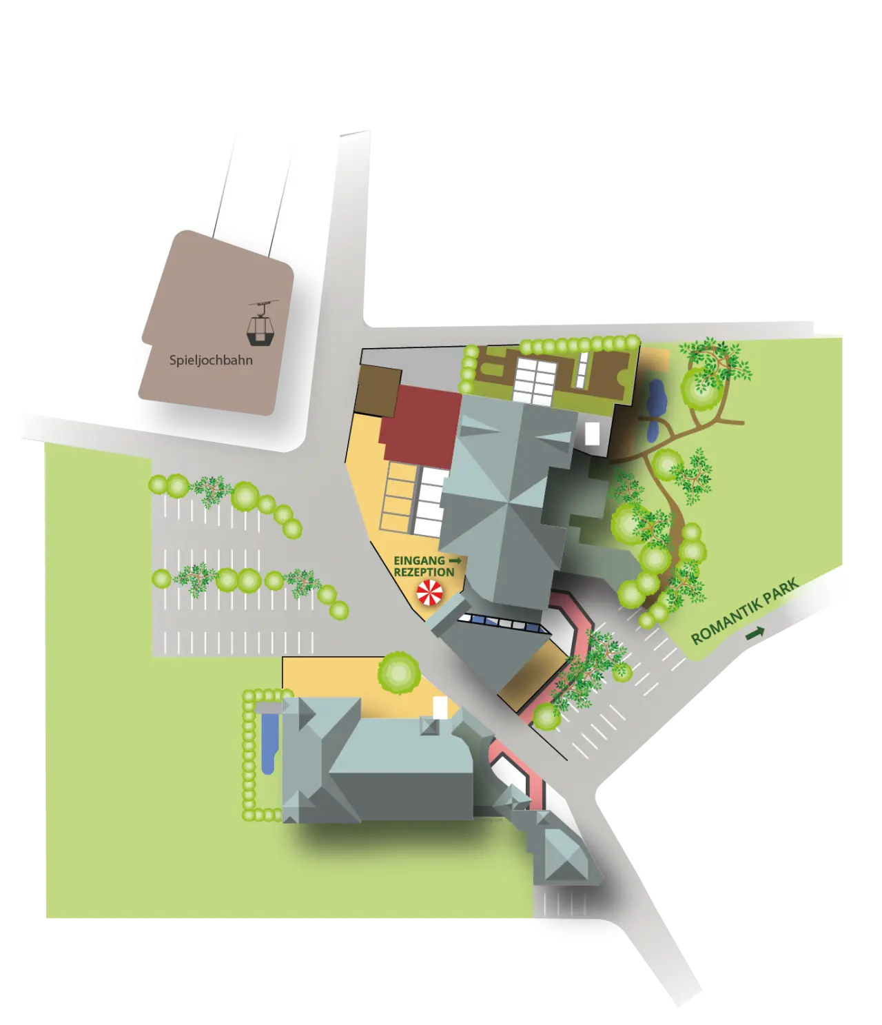 Übersichtskarte des Hotel Kohlerhof mit Lage der Gebäude, Parkplatz, Romantik Park und der Spieljochbahn.