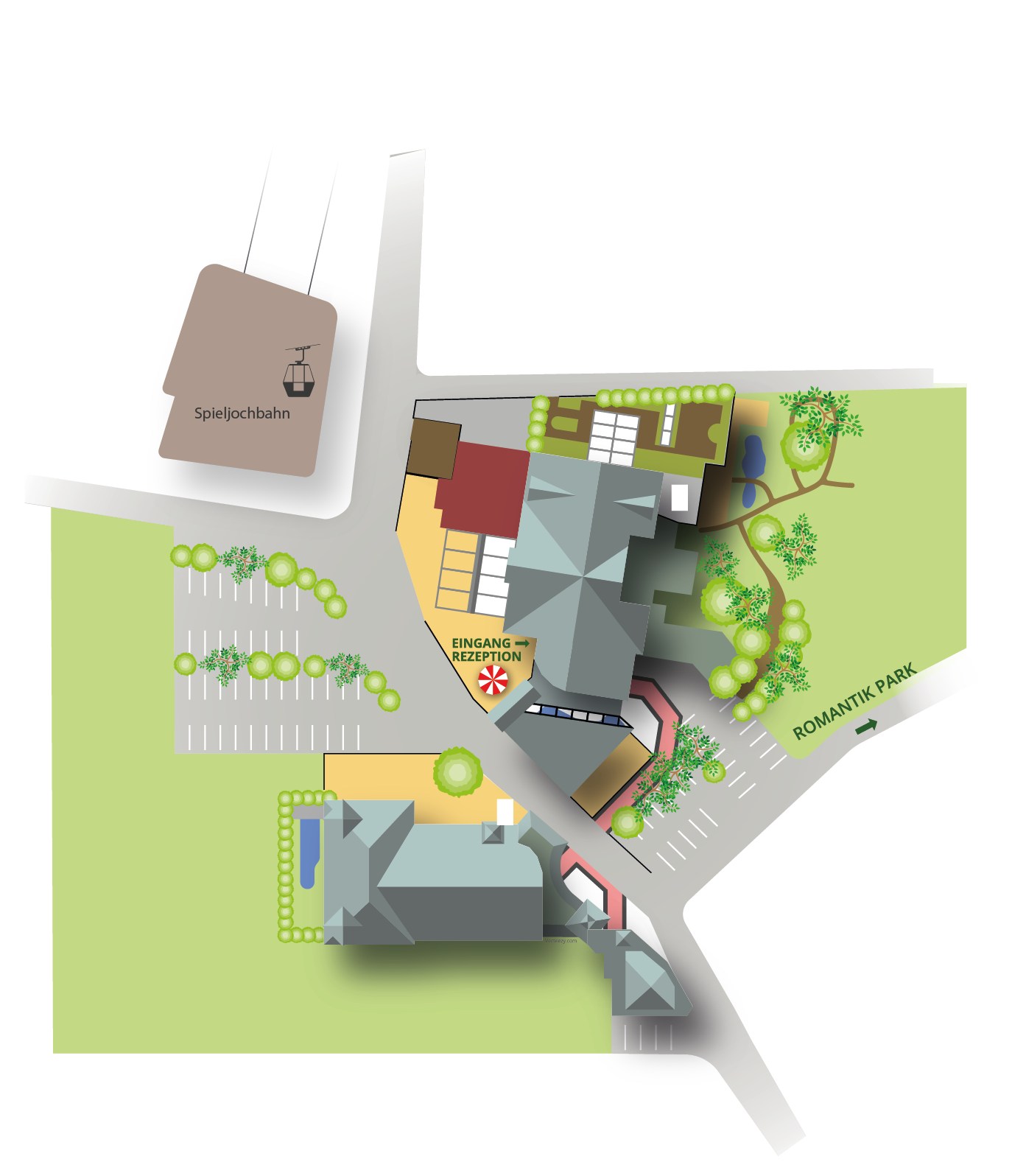 Hotel Kohlerhof in Fügen – Lageplan des Hotels mit Spieljochbahn und Romantik Park | Wellnesshotel Zillertal