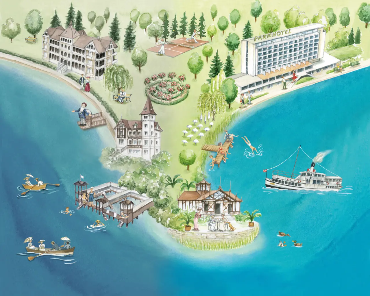 Idyllische Aquarell-Übersichtskarte des Parkhotel Pörtschach am Wörthersee mit Hotelgebäuden, Park und Seezugang.
