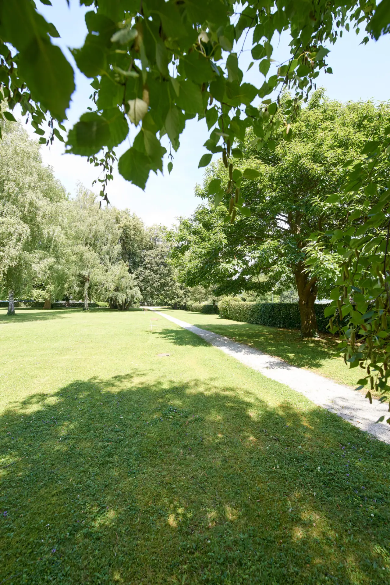Sonniger Hotelgarten mit Spazierweg und alten Bäumen im Parkhotel Pörtschach.