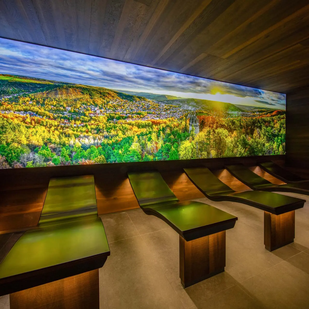 Moderner Ruheraum im Fair Hotel mit bequemen Liegen und grosser Panorama-Leinwand mit Landschaftsblick.
