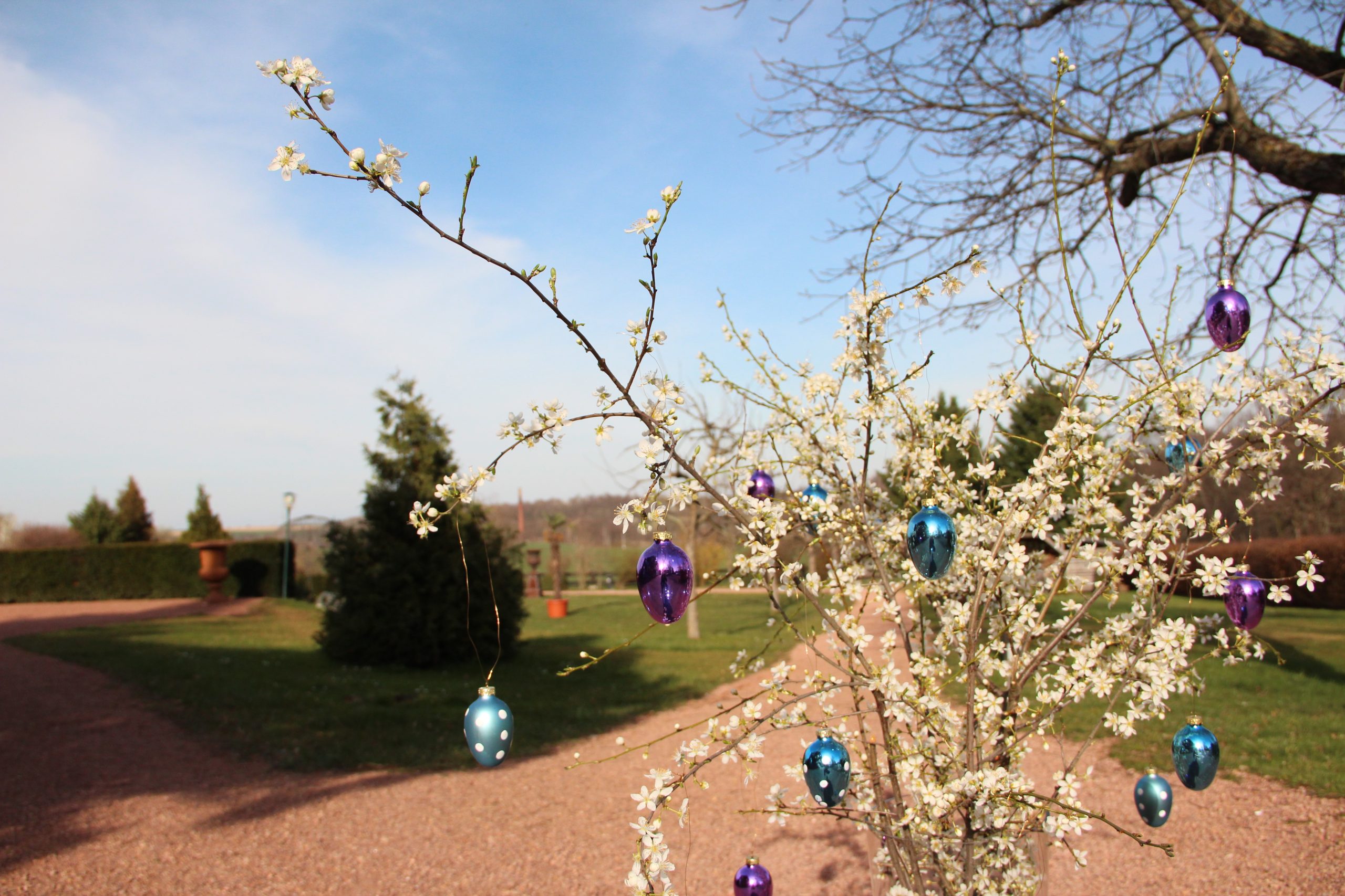 Romantik Hotel Schwanefeld & Spa in Meerane – Blühender Baum mit Ostereiern im Hotelgarten | Wellnesshotel Sachsen