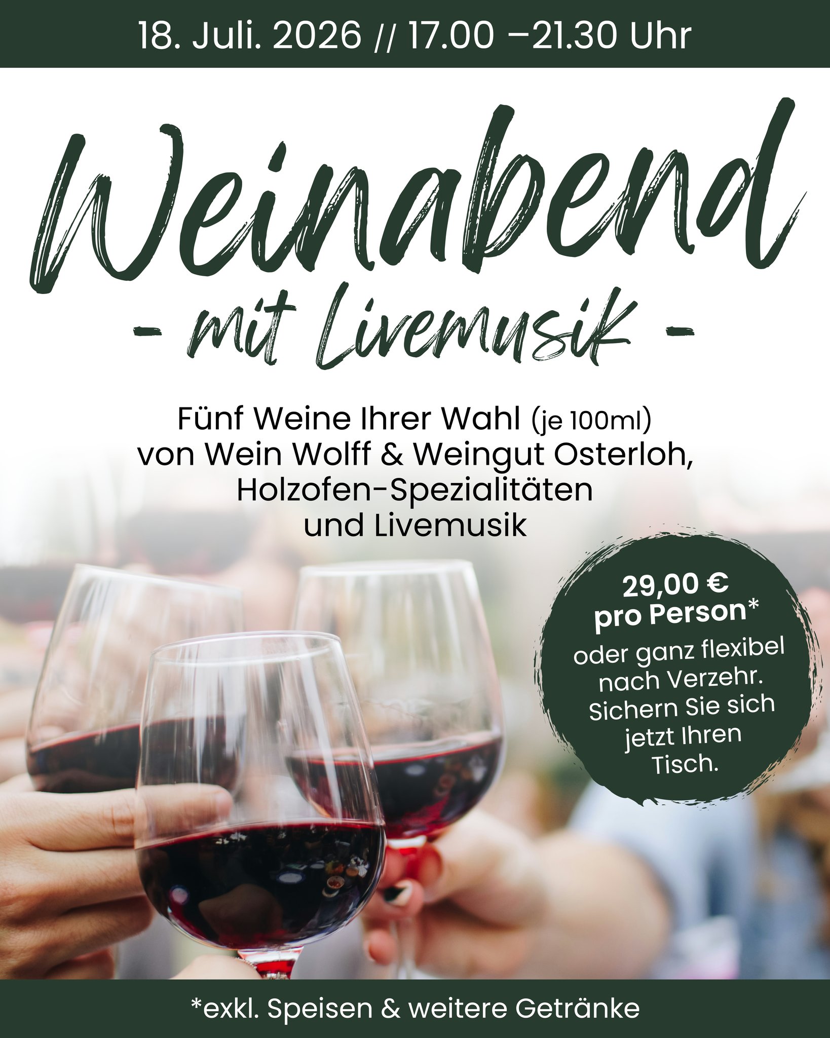 Hotel Heidegrund in Garrel – Plakat für Weinabend mit Livemusik | Wellnesshotel Oldenburger Münsterland