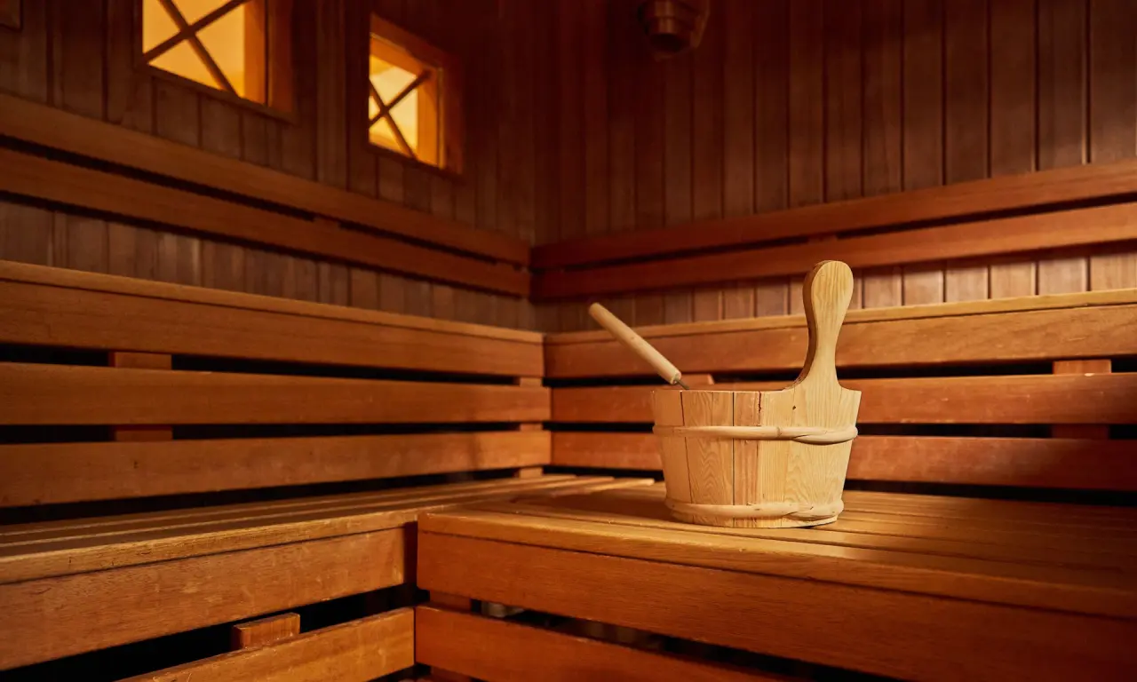 Traditionelle finnische Sauna mit Holzbänken und Aufgusseimer im Wellnessbereich des Romantik Hotel Haus Platte.