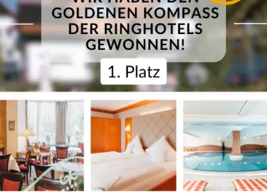 Auszeichnung 'Goldener Kompass' für Ringhotel Teutoburger Wald mit Impressionen von Restaurant, Zimmer und Pool.