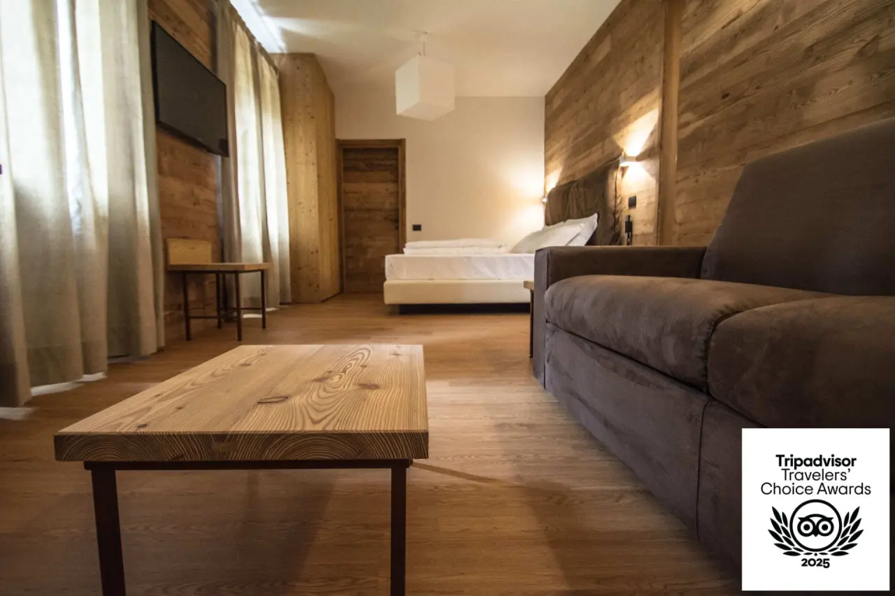 Orobie Alps Resort in Roncobello – Gemütliches Hotelzimmer mit Holzverkleidung und Sofa | Wellnesshotel Lombardei