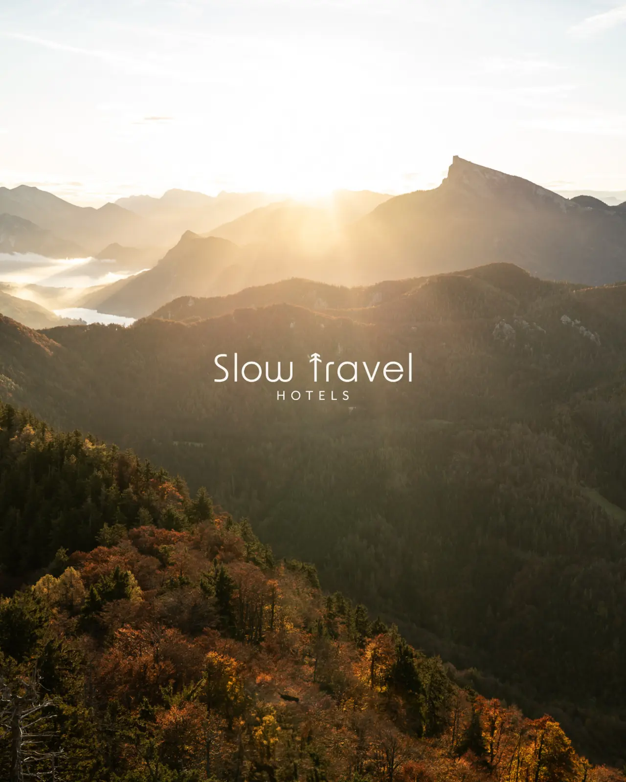 Malerischer Sonnenaufgang über den herbstlichen Alpen mit Nebel im Tal, die Natur rund um das Bergrose Hideaway.