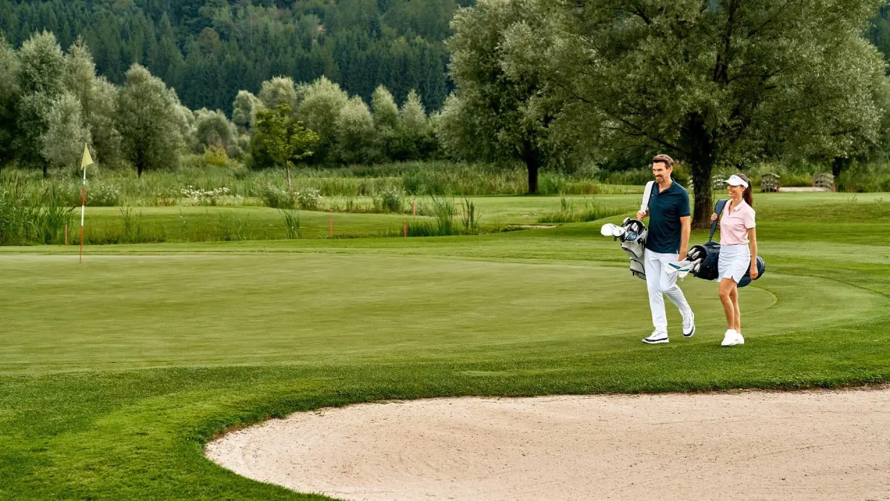 Paar beim Golfen auf dem gepflegten Golfplatz des Falkensteiner Balance Resort Stegersbach, umgeben von grüner Natur.