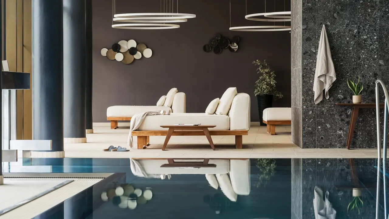 Modernen Innenpoolbereich mit eleganten Liegen und stilvoller Beleuchtung im Falkensteiner Balance Resort Stegersbach.