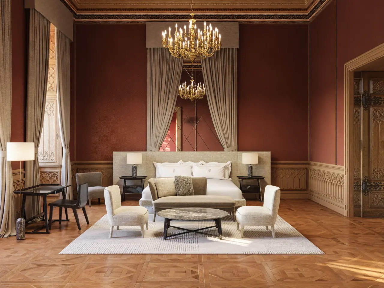 Opulentes Hotelzimmer mit großem Bett, Kronleuchter und edlem Parkett im Palais Coburg Residenz.