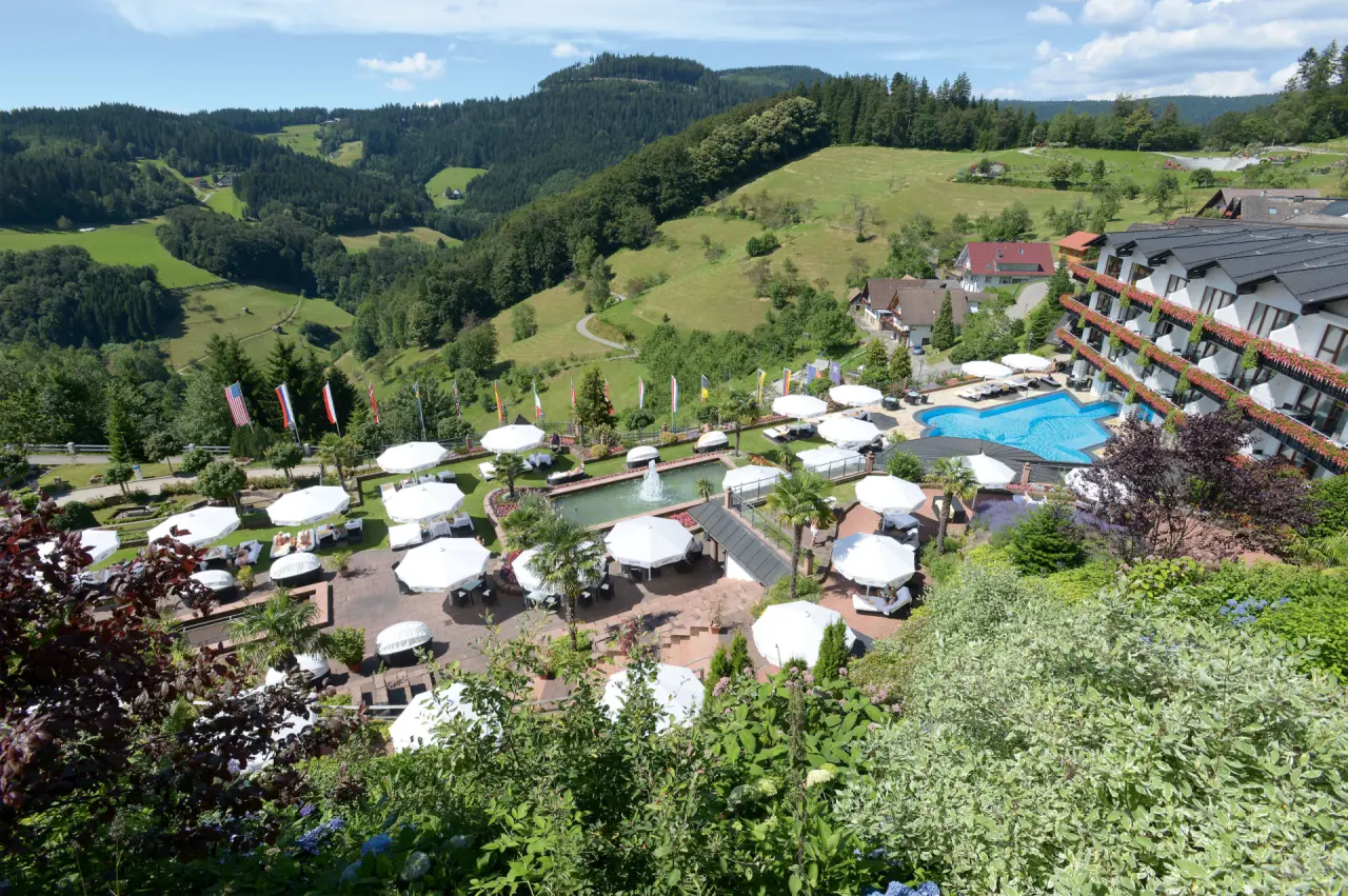 Panoramablick auf das Hotel Haus Dollenberg mit großem Außenpool, Sonnenterrassen und grüner Schwarzwaldlandschaft.