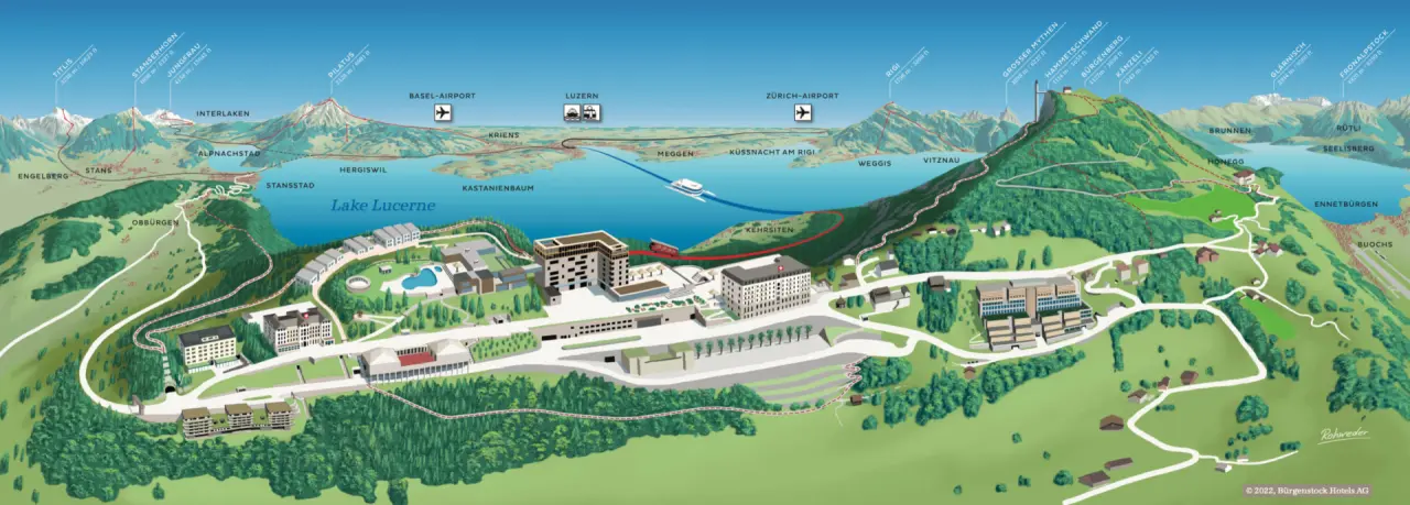 Übersichtskarte des Bürgenstock Resort Lake Lucerne mit Hotelanlagen, Pool, Vierwaldstättersee und umliegenden Bergen.