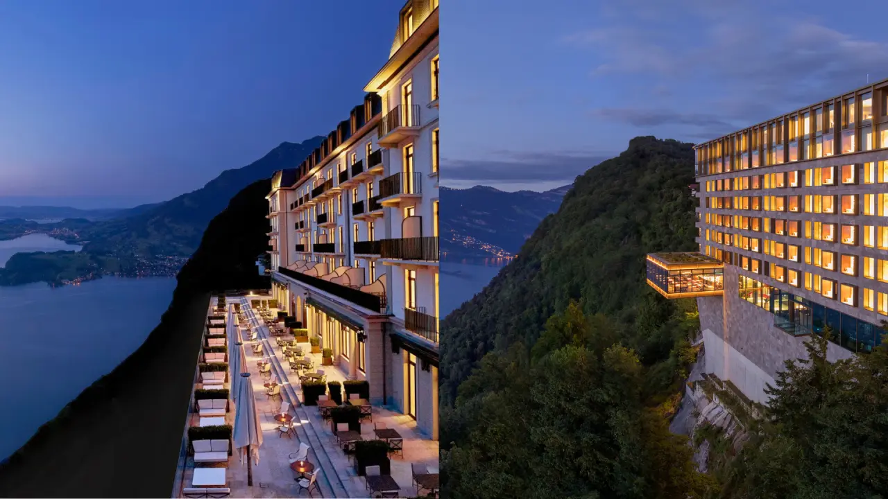 Abendansicht des Bürgenstock Resort Lake Lucerne mit beleuchteten Gebäuden und Panoramablick über den Vierwaldstättersee und Berge.