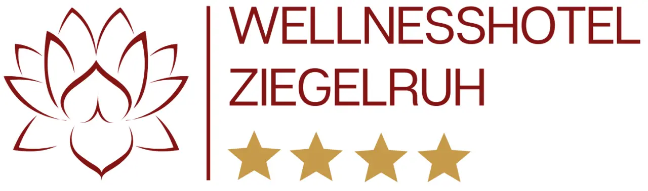 Logo des Wellnesshotel Ziegelruh mit Lotusblume und vier goldenen Sternen.