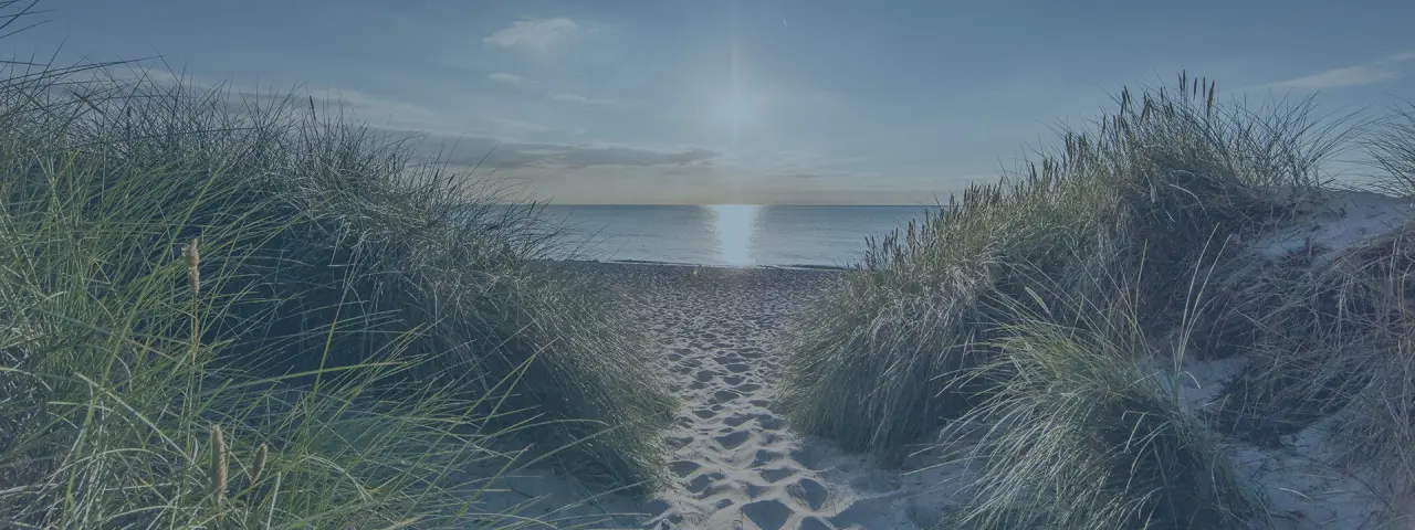 Idyllischer Sandweg durch Dünengras zum Meer bei Sonnenuntergang am Hotel Seeblick.