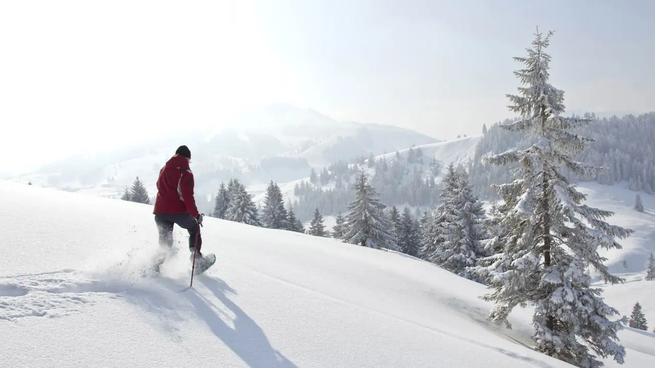 Schneeschuhwanderer in tief verschneiter Berglandschaft nahe dem Wellness- & Familienhotel Panorama.