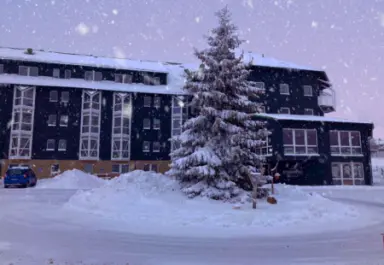 Winterliche Aussenansicht des Hotel Kammweg am Rennsteig mit verschneitem Tannenbaum und Parkplatz.