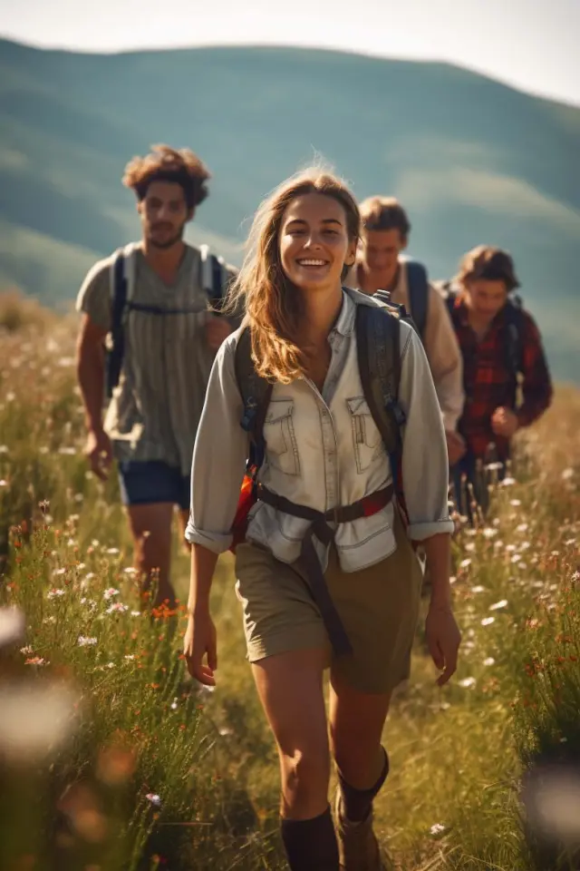 Fröhliche Wandergruppe auf einem Bergpfad mit blühenden Wiesen, ideal für Aktivurlaub im Holzschuh’s Schwarzwaldhotel.
