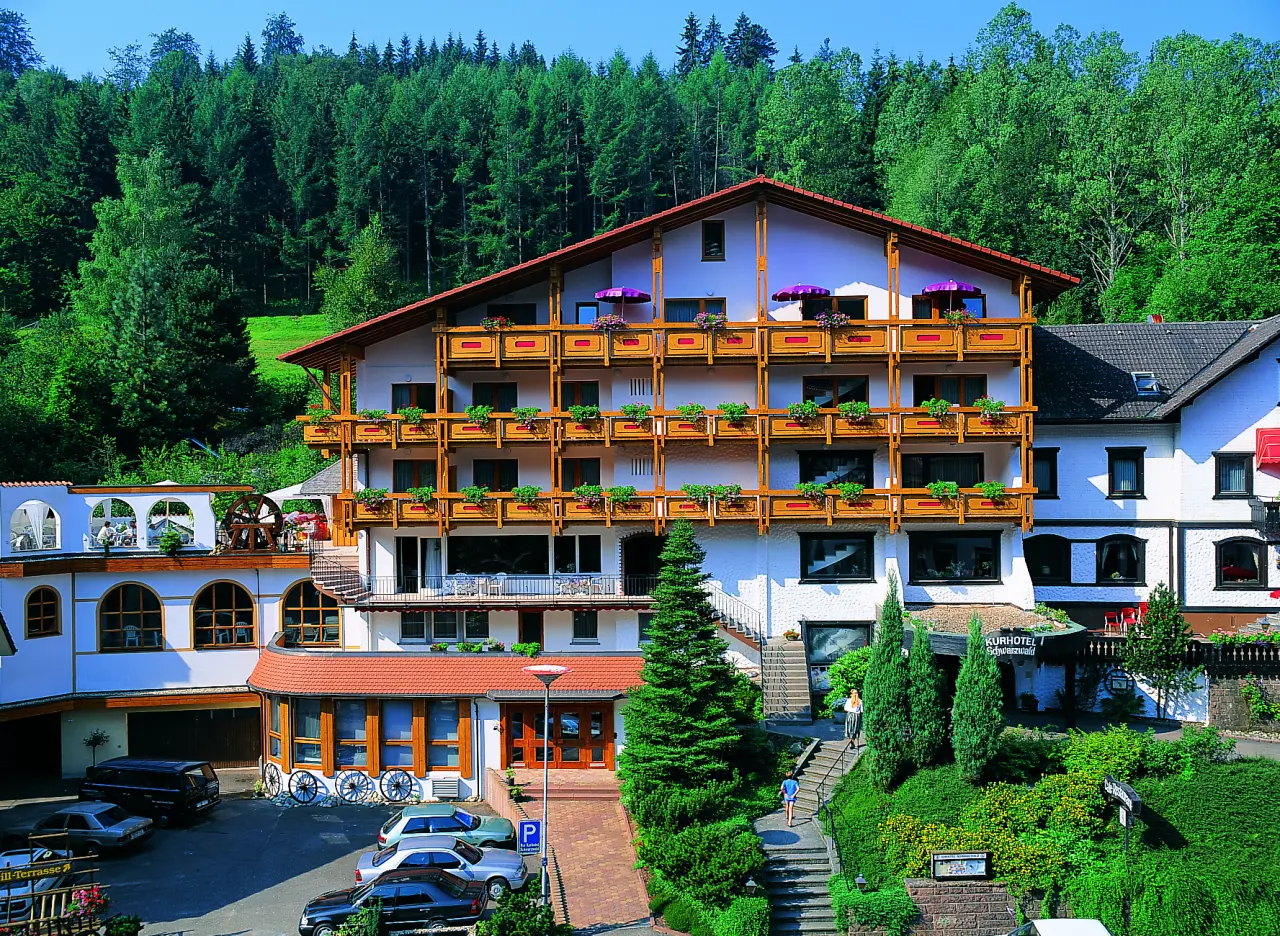 Traditionelles Holzschuh’s Schwarzwaldhotel mit Balkonen und Blumenkästen, umgeben von dichtem Wald im Schwarzwald.