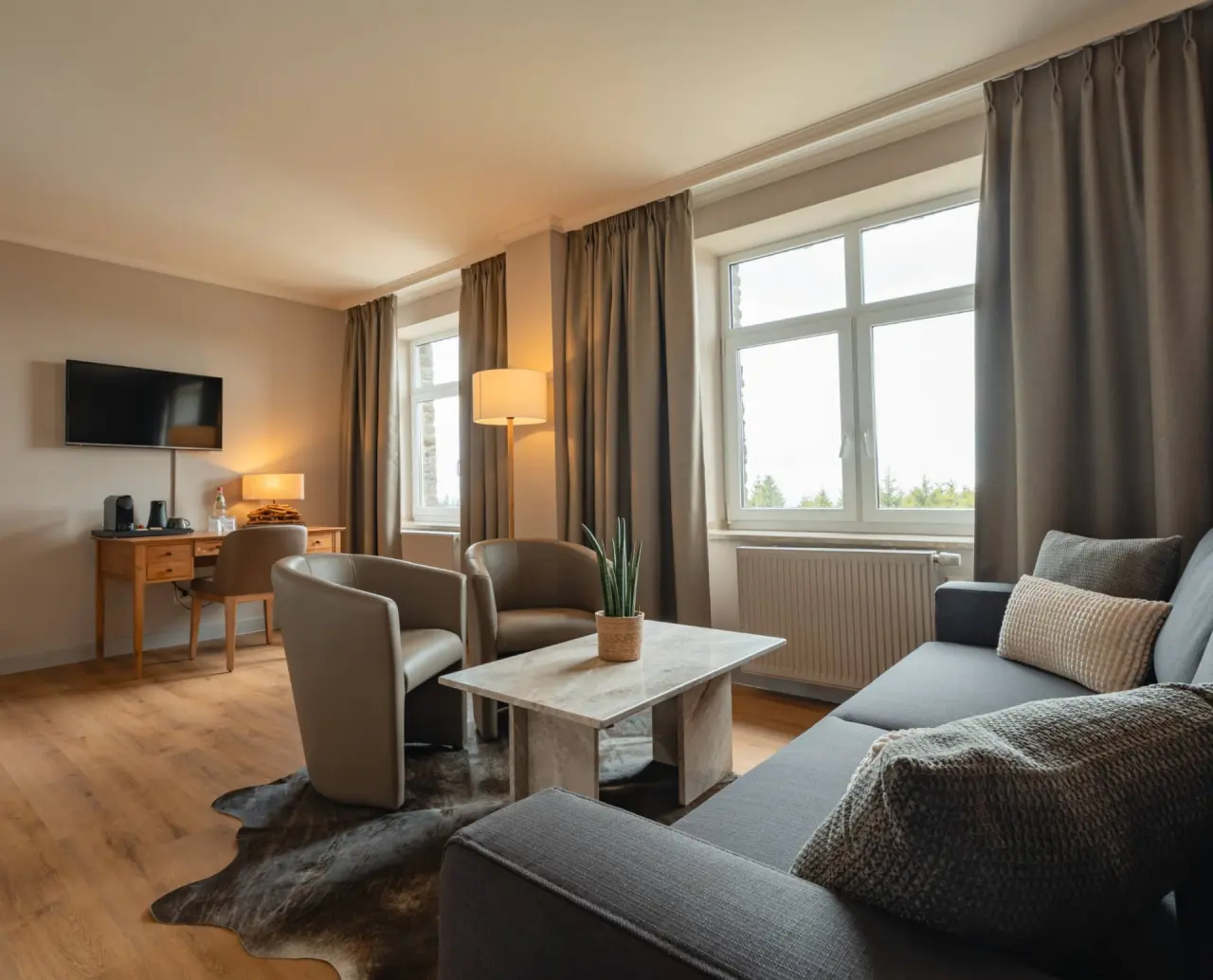 Gemütliches Hotelzimmer mit Sofa, Sessel, Schreibtisch und Ausblick im Relaxhotel Sachsenbaude.