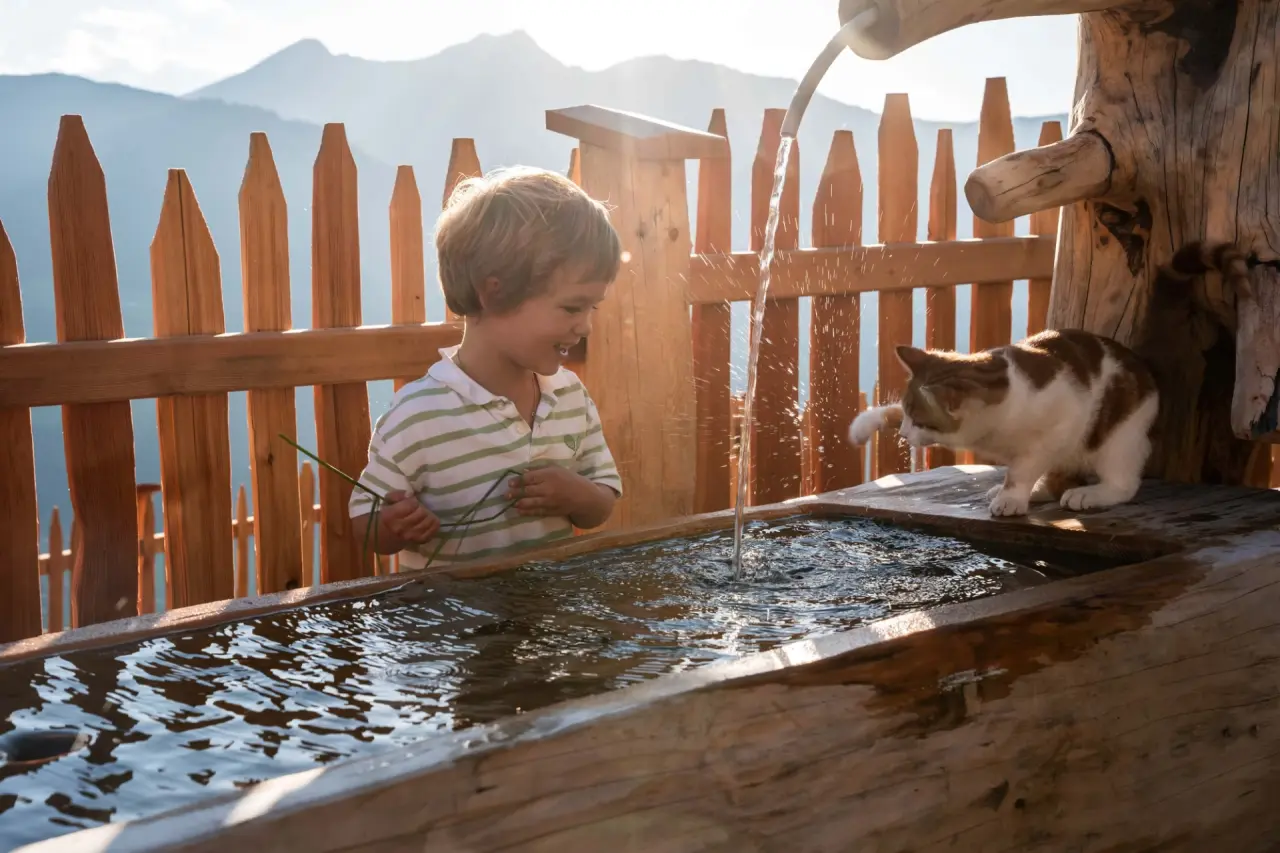 Kind und Katze spielen am Holzbrunnen mit Bergpanorama im Ferienhotel Sonnenhof****