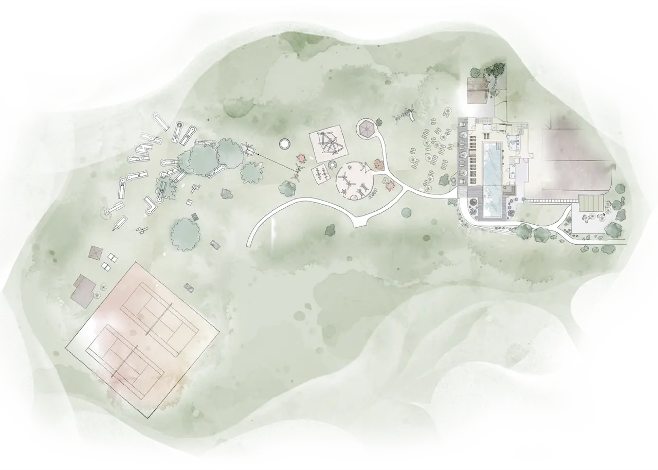 Übersichtsplan des Hotel Truyenhof mit Pool, Tennisplätzen und Aussenanlagen.