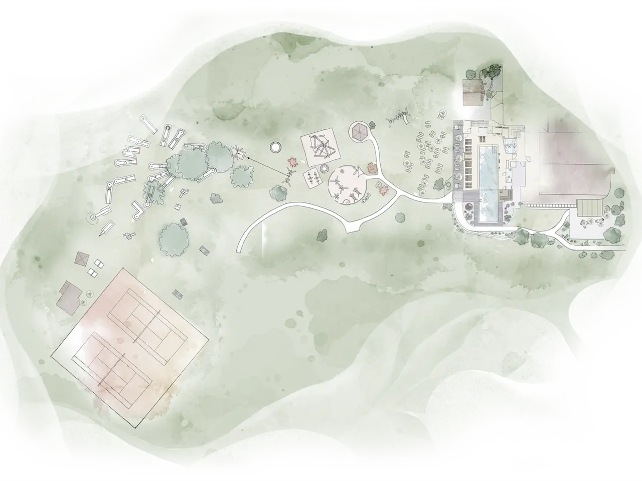 Übersichtsplan des Hotel Truyenhof mit Poolbereich, Tennisplätzen, Spielplätzen und weitläufiger Gartenanlage.