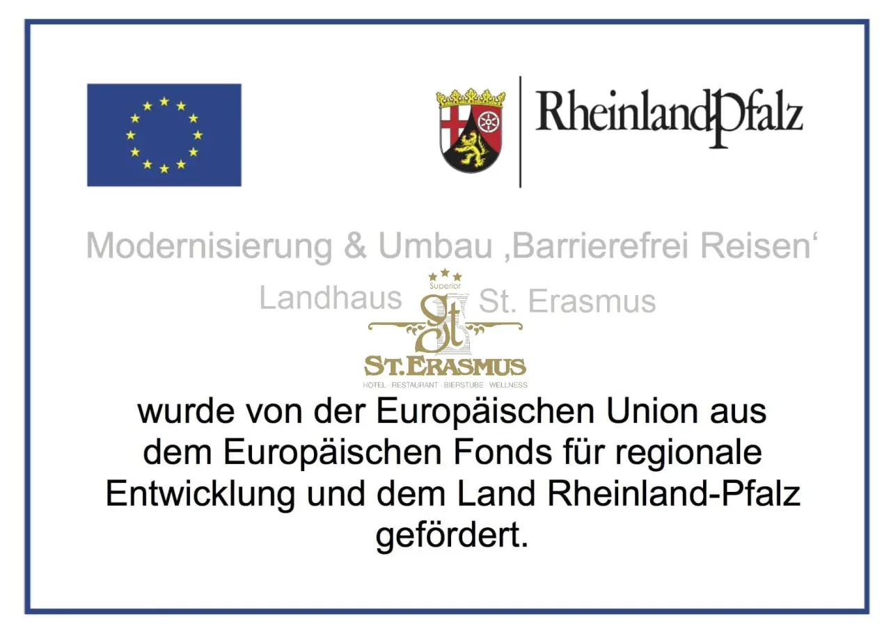 Informationsgrafik zur Förderung der Modernisierung und des Umbaus 'Barrierefrei Reisen' des Landhaus St. Erasmus durch EU und Rheinland-Pfalz.