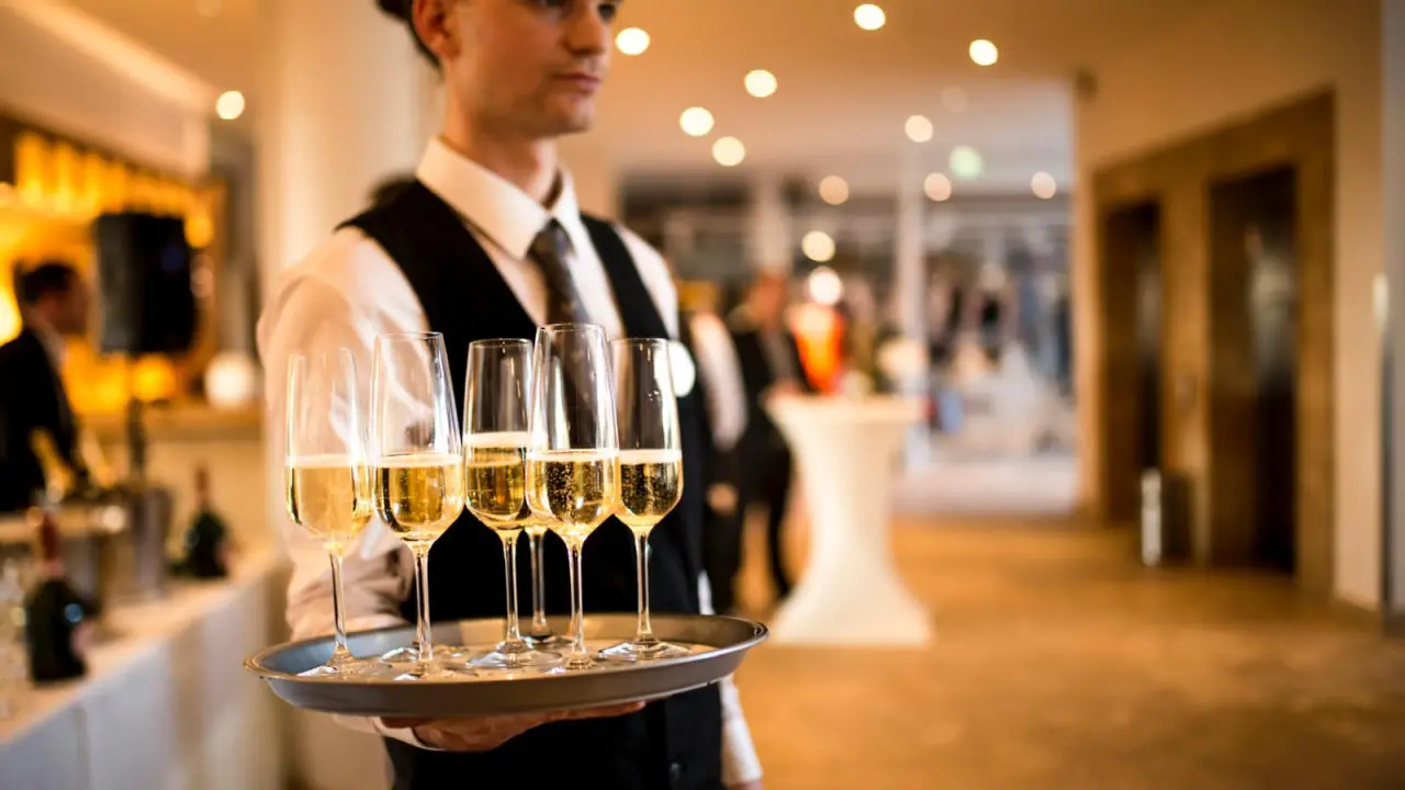 Kellner serviert Sekt auf einem Tablett im eleganten Ambiente des Strandhotel Dünenmeer.