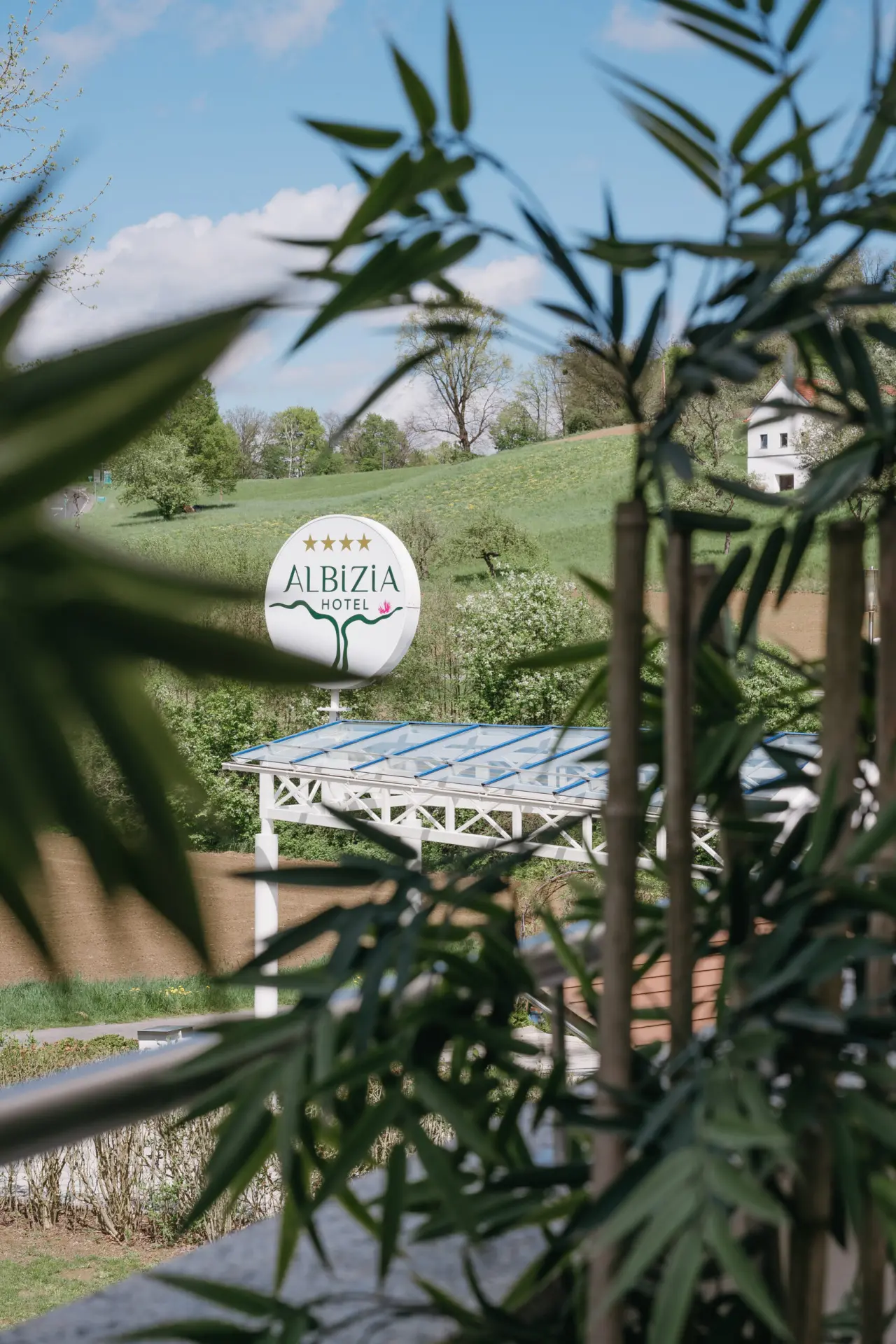 Hotel Albizia Schild mit 4 Sternen in idyllischer grüner Hügellandschaft unter blauem Himmel, umrahmt von Pflanzen.