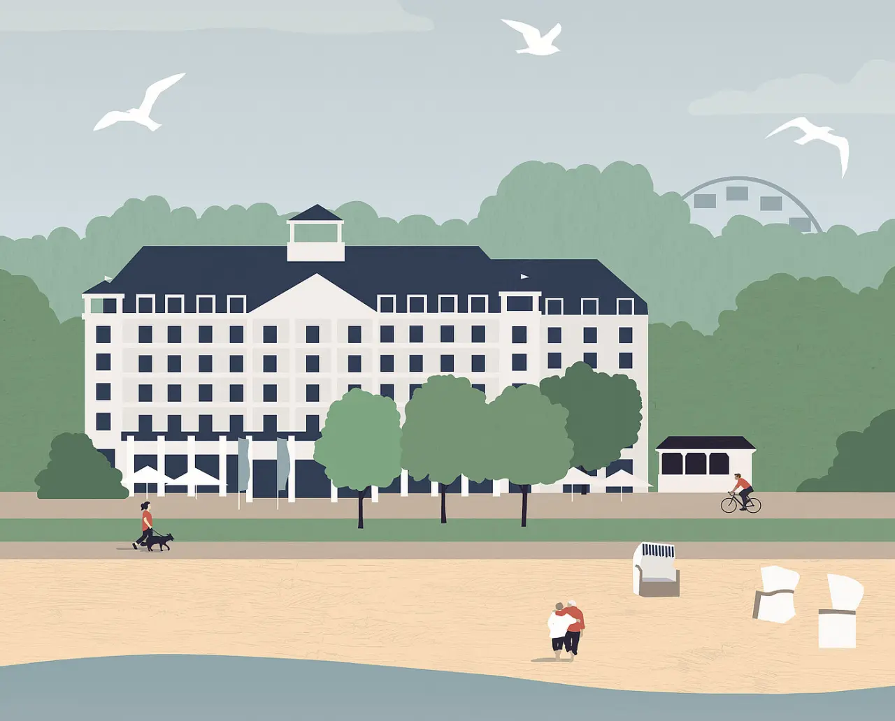 Illustration der Upstalsboom Hotelresidenz & Spa Kühlungsborn mit Strand, Meer und Spaziergängern.