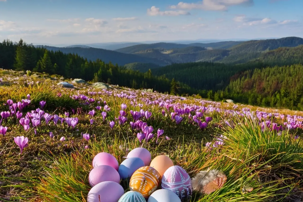 Frühlingslandschaft im Harz mit lila Krokussen und bunten Ostereiern, nahe dem relexa hotel Harz-Wald.