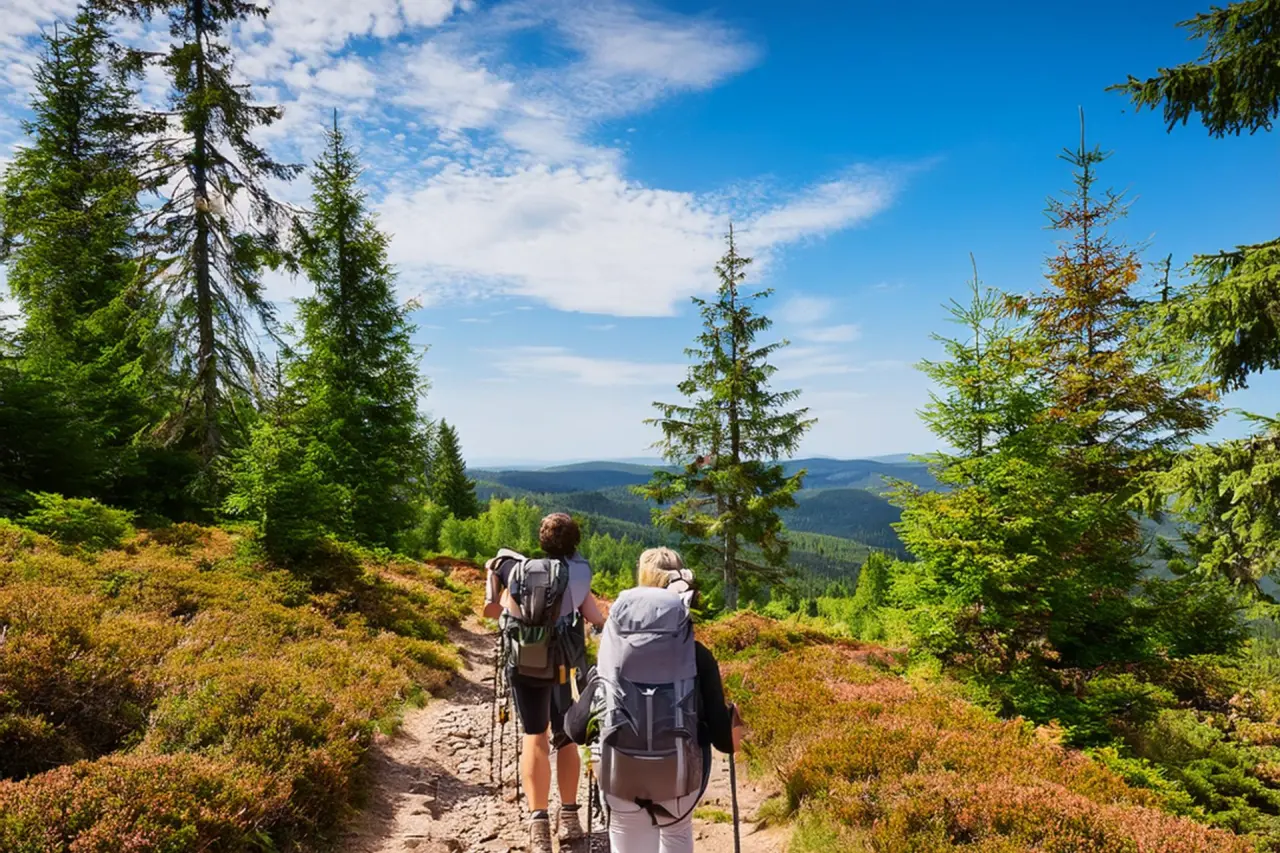 Wanderer auf einem Waldweg mit Panoramablick auf die Harz-Berge. Naturerlebnis nahe dem relexa hotel Harz-Wald.