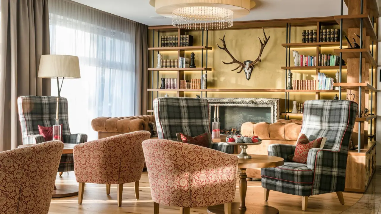 Gemütliche Hotellounge im Hotel Das Rübezahl mit Kamin, Bücherregal, Hirschgeweih und bequemen Sesseln.