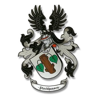 Wappen des Ferienhotels Stockhausen mit Helm, Schild, Baumstamm und grünen Blättern