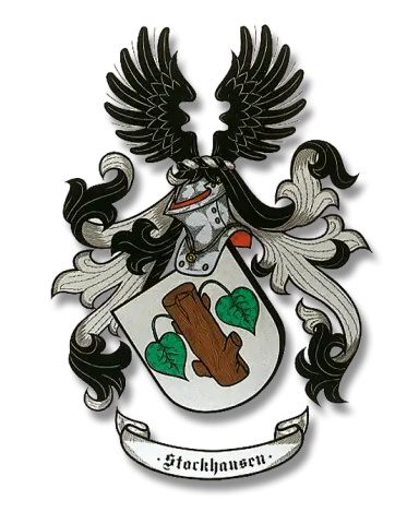 Wappen des Ferienhotels Stockhausen mit Adler, Helm und Schild mit Baumstamm und Blättern.