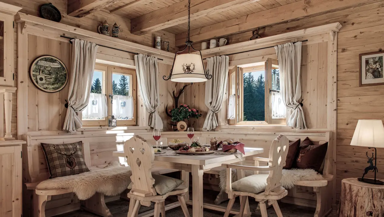 Gemütlicher Essbereich im Chalet des INNs HOLZ Chaletdorf mit Holzeinrichtung, Blick in den Wald und gedecktem Tisch.