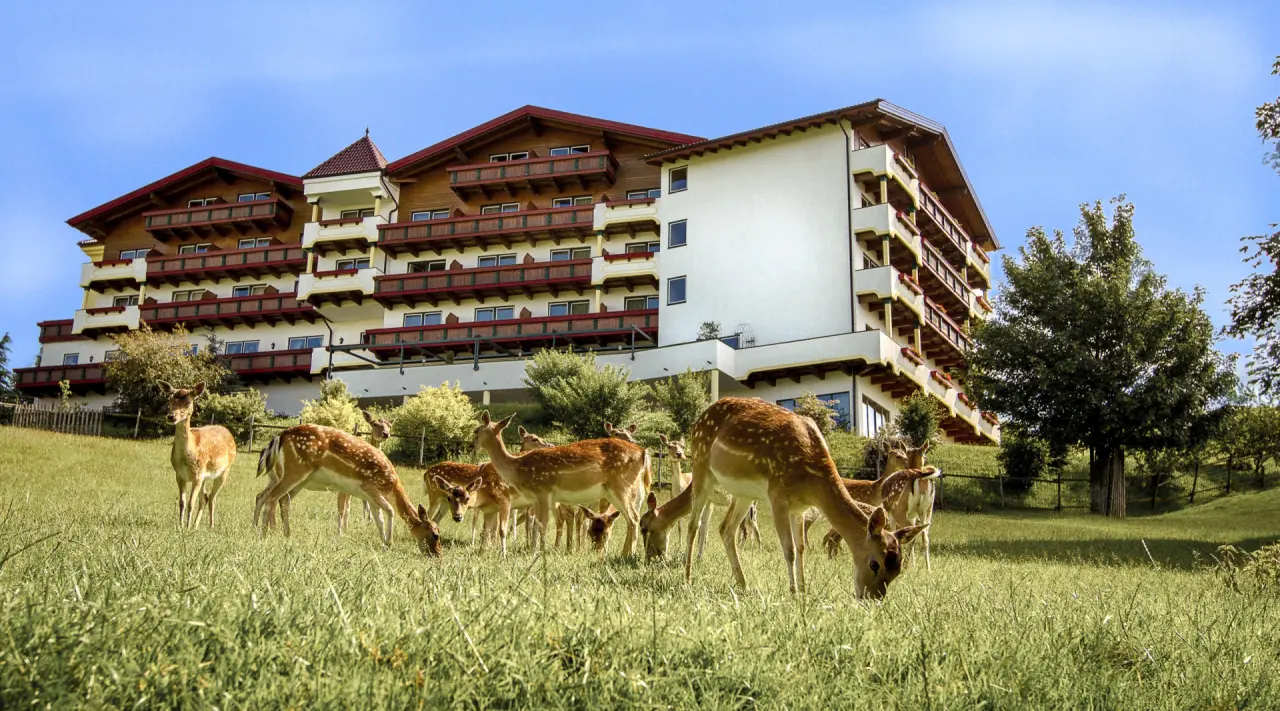 Natur- & Wohlfühlhotel Kastenholz: Idyllische Aussenansicht mit grasenden Rehen auf einer grünen Wiese vor dem Hotelgebäude.