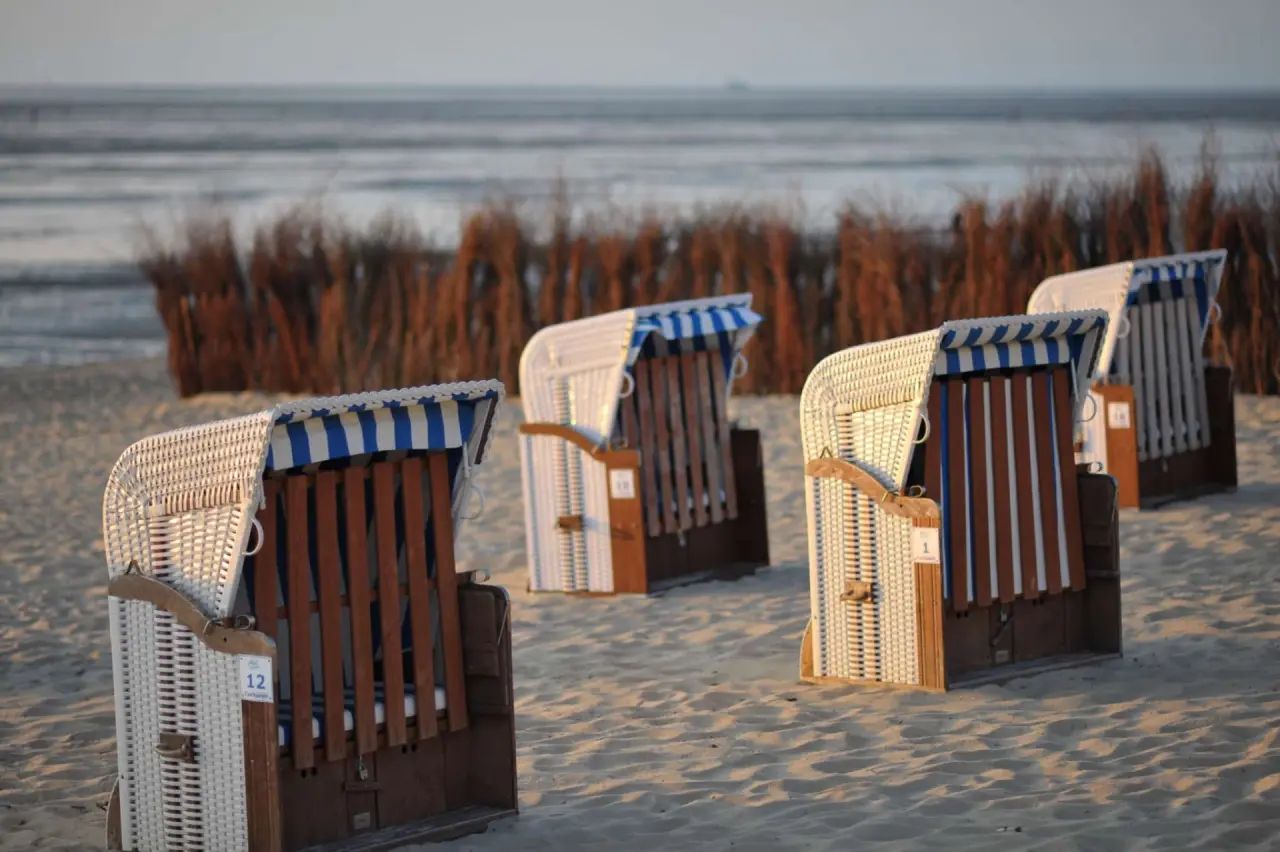 Strandkörbe am Sandstrand von Duhnen bei Sonnenuntergang, einladend für Gäste des Strandhotel Duhnen.