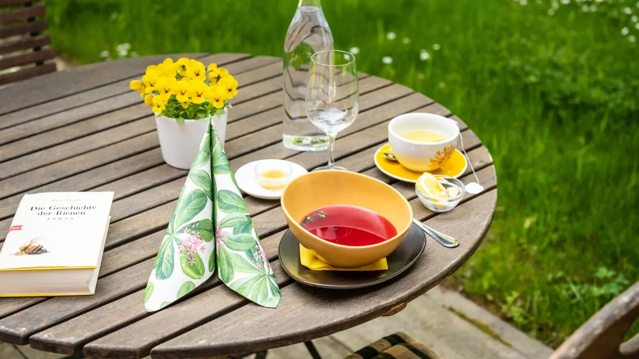 Entspannter Moment im Garten von Menschels Vitalresort: Holztisch mit Buch, Tee, Wasser und einer Schale mit roter Suppe.