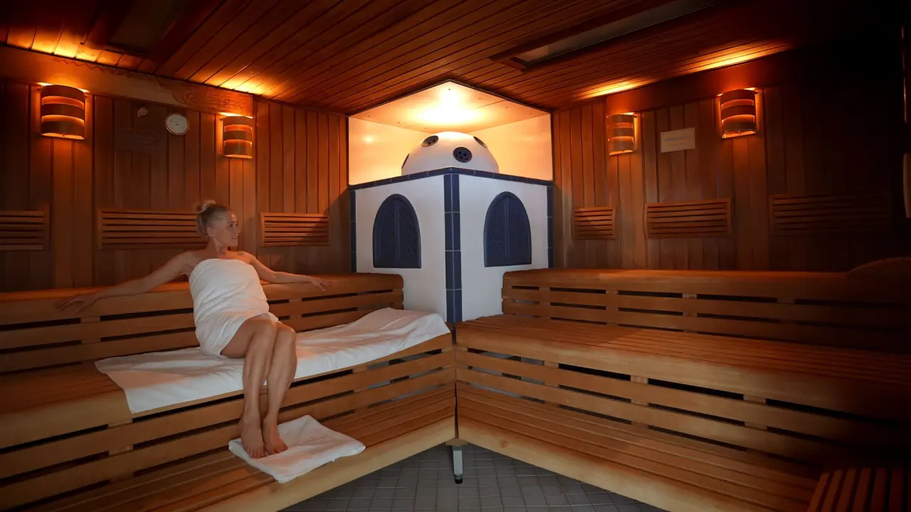 Entspannende finnische Sauna mit Holzvertäfelung und ruhender Person im Wellnessbereich des Hotel Strandperle.