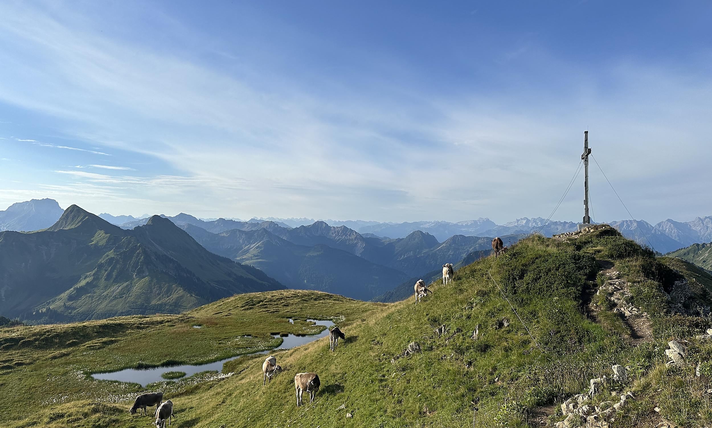 Damülser Hof in Damüls – Berglandschaft mit Kühen, See und Gipfelkreuz | Wellnesshotel Vorarlberg