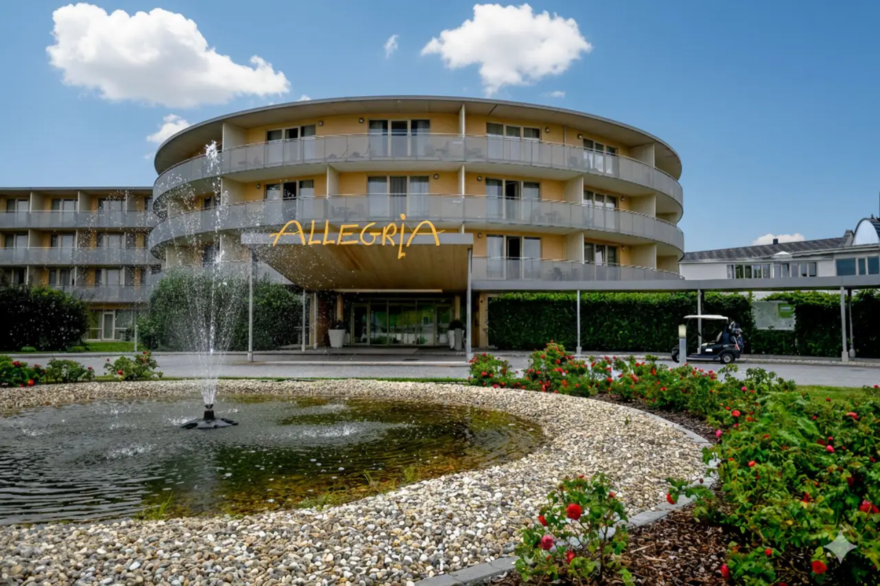 Aussenansicht des Allegria Resort Stegersbach mit modernem Rundbau, Springbrunnen und blühenden Sträuchern unter blauem Himmel.